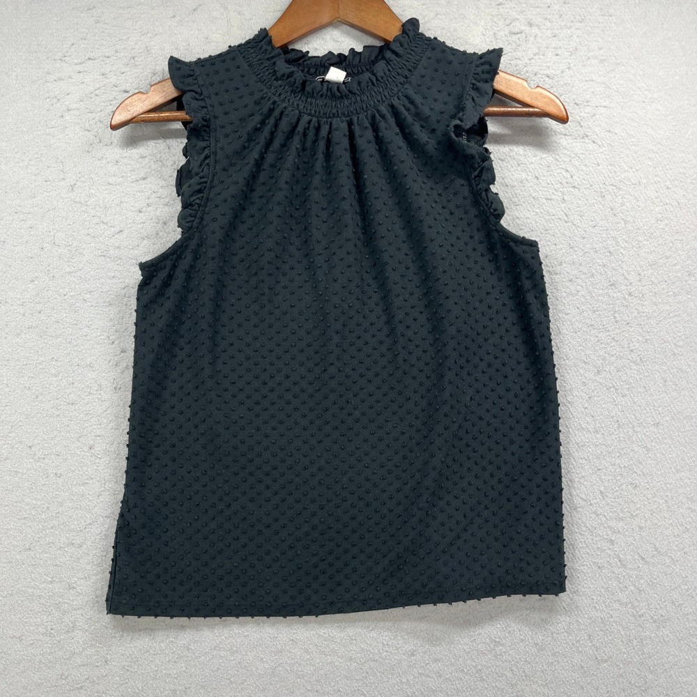 J Crew Top Womens XS Black Sleeveless Textured Swiss Dot Ruffle Mock Neck Blouse